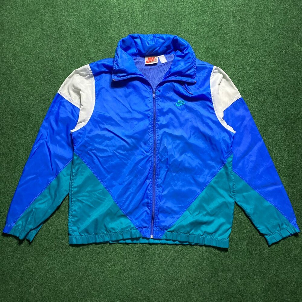 Vintage Men’s 80s-90s Nike Full-Zip Hidden-Hood Windbreaker Teal/Blue (Unsized)